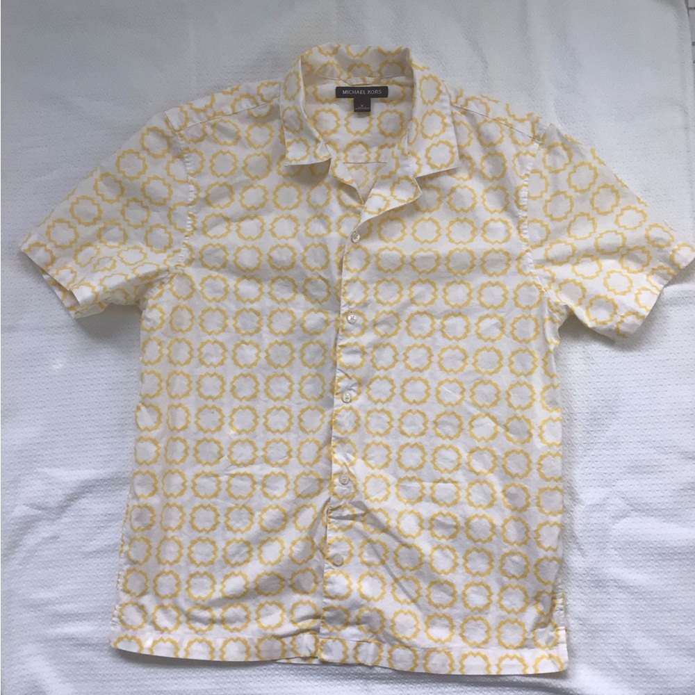 Michael Kors White & Yellow Short Sleeve Button-Down Shirt
